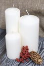 Three white candles stand on painted pine planks. Spruce cones and dried rowan berries are laid out nearby Royalty Free Stock Photo