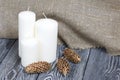 Three white candles stand on painted pine planks. Spruce cones are spread out nearby Royalty Free Stock Photo