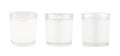 Three white candles in transparent glass isolated, mock up for branding identity of product, advertising, presentation, design.