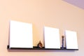 Three white canvases on shelf on orange wall Royalty Free Stock Photo