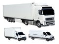 Three white cargo trucks on white background Royalty Free Stock Photo