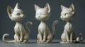 Three white cat statues are sitting on a gray surface, AI