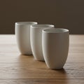 Three white ceramic cups are arranged in a neat, linear formation on a light wood Royalty Free Stock Photo