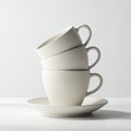 Three white ceramic cups are stacked on a matching saucer. The cups are tilted in a Royalty Free Stock Photo