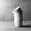 Three white ceramic cups are stacked on a textured gray surface against a rough Royalty Free Stock Photo