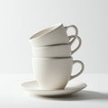 Three white ceramic cups are stacked on top of each other, one leaning at an angle, Royalty Free Stock Photo