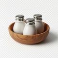 Three white ceramic salt and pepper shakers in wooden bowl isolated on white background Royalty Free Stock Photo