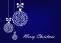 Three white Christmas balls on the blue background, horizontal Royalty Free Stock Photo