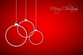 Three White Christmas Balls On Red Background, Holiday Card