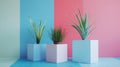 Three white cube planters on a blue surface against a pink and green wall, AI-generated.