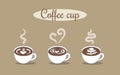 Three white cups of coffee on a brown background. Patterns of coffee. The art of drawing on coffee. - Vector Royalty Free Stock Photo