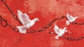 Three white doves in flight, chained against a red background Royalty Free Stock Photo