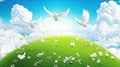 Three white doves flying over a green hill, sunny sky, peace concept Royalty Free Stock Photo