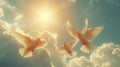Three White Doves Soaring Through the Clouds Royalty Free Stock Photo