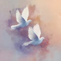 Three white doves in soft painterly atmosphere. Royalty Free Stock Photo