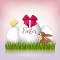 Three white Easter eggs,rabbit and yellow chicken. Easter background Royalty Free Stock Photo