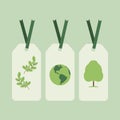 Three white eco tags with green branch, globe earth, and tree. Vector illustration. Royalty Free Stock Photo