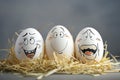 Three white eggs with drawn faces on them, smiling and crying in straw against gray background Royalty Free Stock Photo