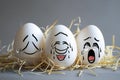 Three white eggs with drawn faces on them, smiling and crying in straw against gray background Royalty Free Stock Photo