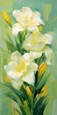 Realistic White Flowers Painting On Green Background Stock Photo
