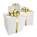 Three white gift boxes with a gold bow - Christmas and birthday present collection