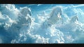 Three white horses are flying through the sky Royalty Free Stock Photo