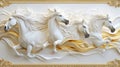 Four White Horses Running with Golden Flowing Waves Background Art Royalty Free Stock Photo