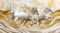 Three White Horses Galloping Through Golden Waves, Majestic Power, Freedom Royalty Free Stock Photo