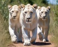 Three white lionesses are walking with a white lion.