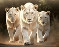 Three white lionesses are walking with a white lion.