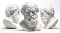 Three white marble busts of ancient Greek philosophers are displayed together Royalty Free Stock Photo