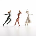 Three White miniature people dancing on white background