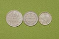 Three white old rare silver Russian coins