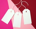 Three white paper rectangular tags on a rope on a colored background Royalty Free Stock Photo