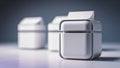 Three white plastic containers sitting on a table with one open, AI Royalty Free Stock Photo