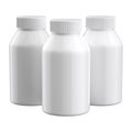 Three white plastic medical bottles. Pharmacy mockup. Medical template.