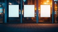 Three white posters are displayed on a window Royalty Free Stock Photo