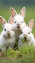 Three white rabbits in the grass on a green background, close-up Royalty Free Stock Photo