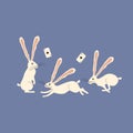 Three white rabbits with long ears and playing card. Isolated fabulous hares with aces of spades on a blue background.