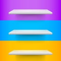 Three white realistic shelves on voilet, blue and yellow background