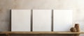 Three white rectangles on a wooden shelf with tints and shades Royalty Free Stock Photo