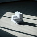 Three white rectangular blocks are stacked on a light wooden floor, partially Royalty Free Stock Photo