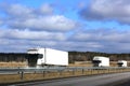 Three White Semi Trucks Platoon on Freeway Royalty Free Stock Photo