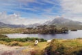 Three white sheep in foreground. Twelve pines island and scenic mountains in the background. Beautiful clouds over mountain peaks. Royalty Free Stock Photo