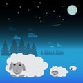 Three white sheep are sleeping in the meadow at night.