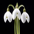 Three white snowdrops on a black background,  Shallow depth of field Royalty Free Stock Photo
