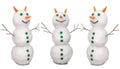 Three white snowman with green buttons and carrot Royalty Free Stock Photo
