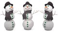 Three white snowman whith scarf and felt hat Royalty Free Stock Photo