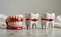 Three white teeth are shown in a row, with one of them being a fake tooth. Royalty Free Stock Photo
