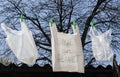 Three plastic bags hang on a wire.